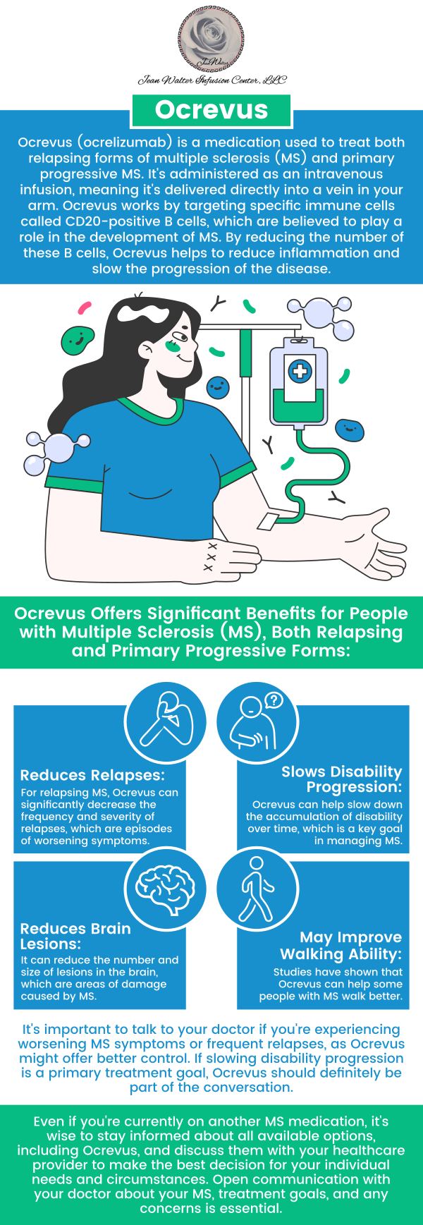 Ocrevus infusion is an advanced treatment for multiple sclerosis (MS) that is designed to prevent disease progression and decrease relapses. This therapy is especially beneficial for people with relapse MS or main progressive MS. Ocrevus, which is administered twice a year, targets specific immune cells to help manage symptoms and enhance overall quality of life. If you or a loved one has MS, talk to Dr. Nasser Nasseri, MD, and his dedicated team about whether Ocrevus is a good option for personalized effective MS care. For more information, contact us or book an appointment online. We have convenient locations to serve you in Edgewater MD, Rosedale MD, North Baltimore MD, Columbia MD, Glen Burnie MD, and Catonsville MD.